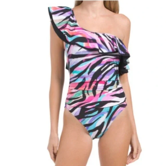 Gottex Women's One Shoulder Swimsuit Ruffle‎ Zebra Print One Piece Size 12