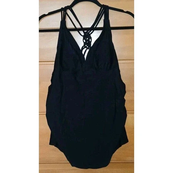 NWT LIZ LANGE Womens M Maternity Swim Tankini Braided Black Top ONLY Molded Cups