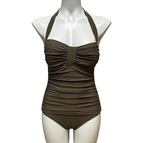 Tommy Bahama Relax Ruched Halter One Piece Swimsuit Beige Brown 8
