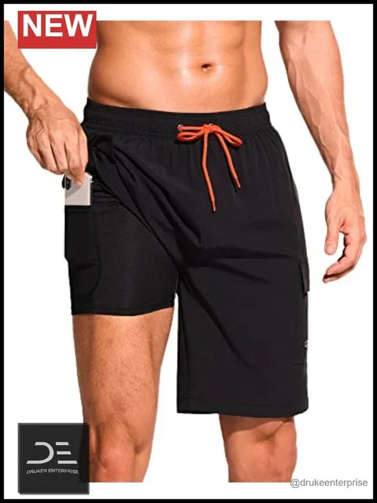 Men's Swim Trunks with Compression Liner Quick Dry 9 Inch Cargo Pockets