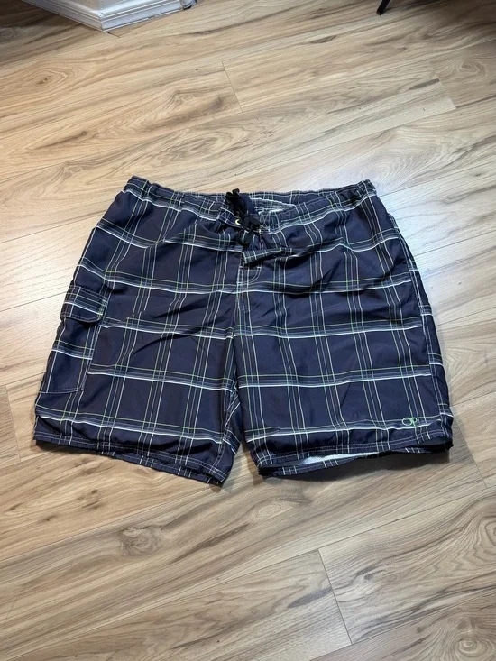 OP Men's Black and Navy Plaid Swim Shorts