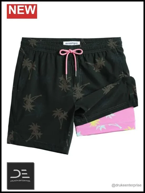 Mens Swim Trunks with Compression Liner 7 Inch Inseam Quick Dry Board Shorts