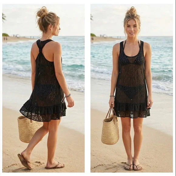 Body Glove Semi Sheer Burnout Ruffle Racerback Swim Cover Up Dress Tunic Size L