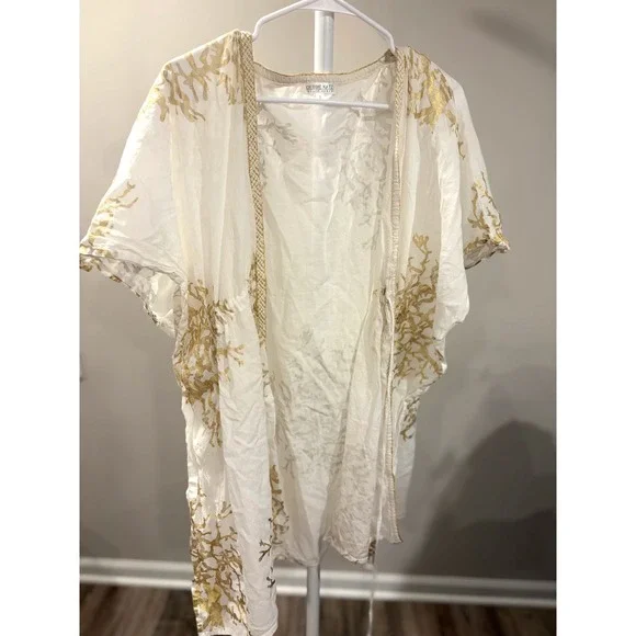 Debbie Katz South Beach Metallic Gold Beach Cover Up Boho Kimono Resortwear S