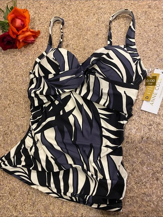 Anne Cole Twist Front Tankini Top 32DD 34D 25MT26545 NWT Black White Geometric