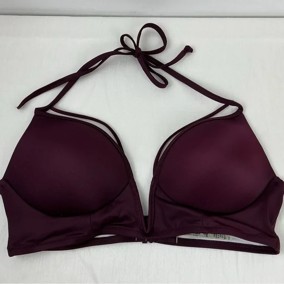 PINK Victoria Secret Plunge Bikini Top Size L Burgundy Halter