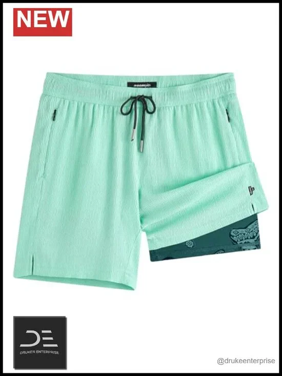 Wavy Texture Mens Swim Trunks with Compression Liner Quick Dry Zipper Pockets