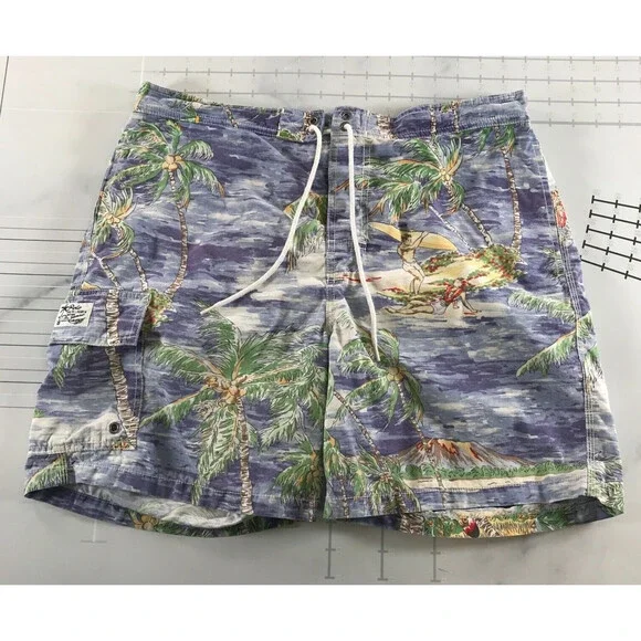 Polo by Ralph Lauren Swim Trunks Mens Medium 33 Blue Surfer Print Elastic Waist