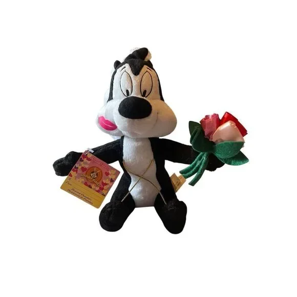 New Looney Toons Pepe Le Pew Rose Bouquet And Lipstick Kiss Stuffed Plush 10