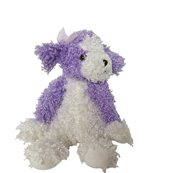Puppy Dog Plush Purple White Curly Hair Pink Bows 14.5