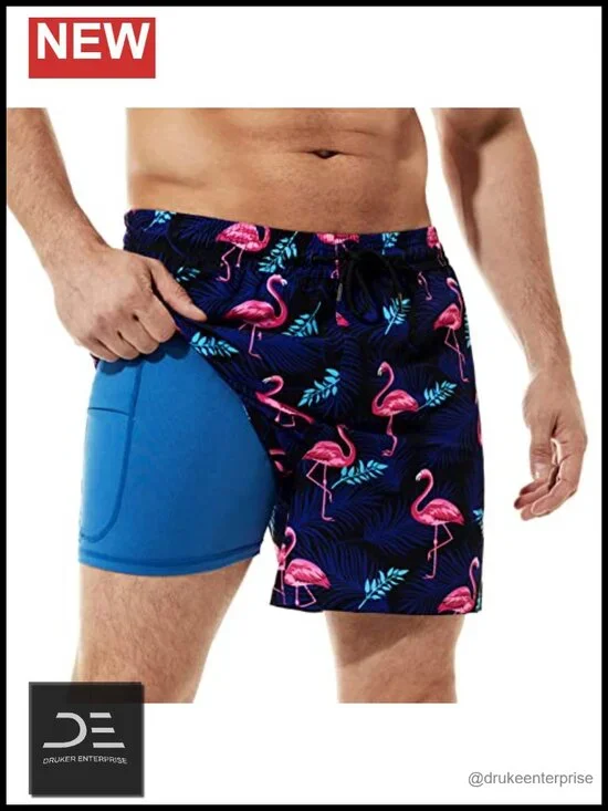 Mens Swim Trunks 5 Inch Inseam with Compression Liner Quick Dry Zipper Pocket