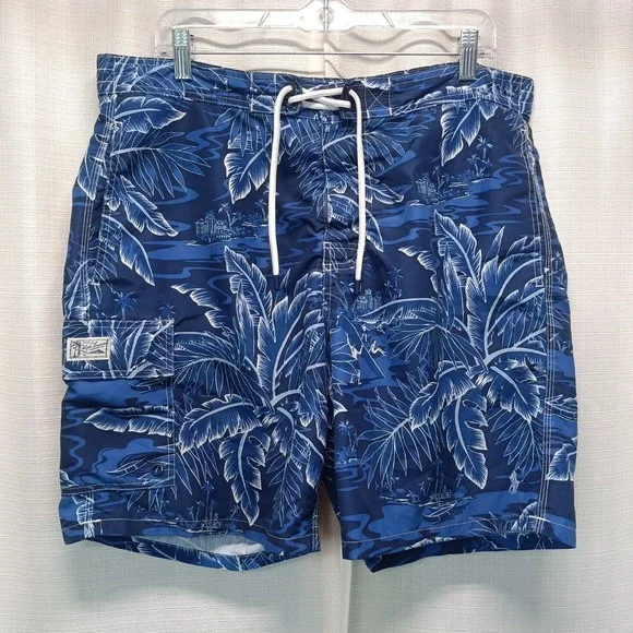 Polo Ralph Lauren Kailua Blue Tropical Palm Leaf Cargo Swim Trunks Mens L Beach‎