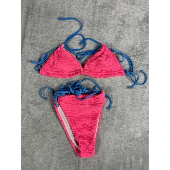 Pink Smocked Popcorn Bikini Set Womens Size S Blue Contrast Straps Swimsuit