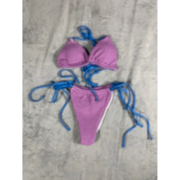 Textured Smocked Bikini Set Womens Size S Purple Blue Side Tie 2 Piece Swimsuit