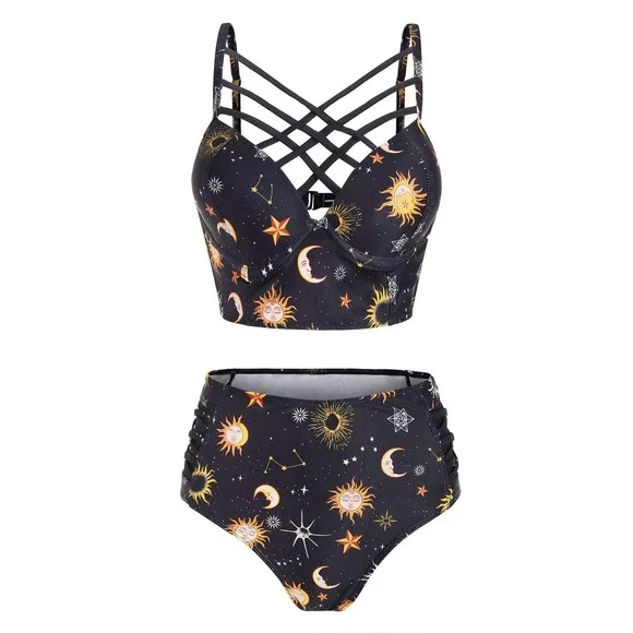Bikini Set Women XL Black Yellow Strappy Racerback Celestial‎ Astrology 519 NWT