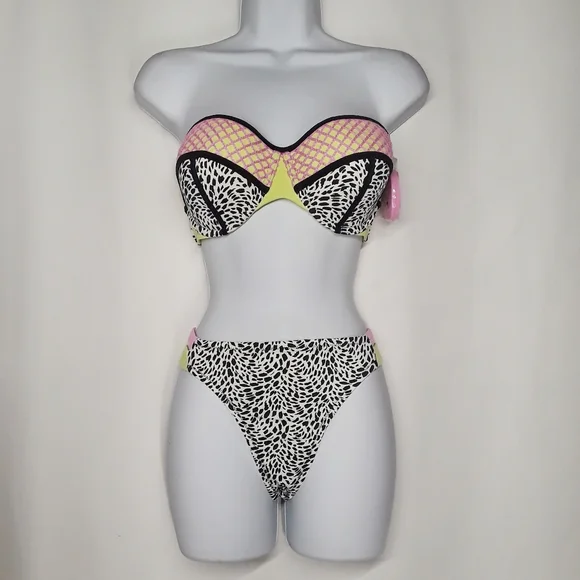 SHADE & SHORE Vacay Pink Yellow Animal Print 2PC Bikini 36D & Large  NWT