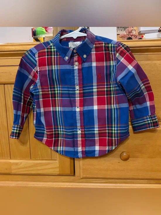 Ralph Lauren Boys Bright Plaid Long Sleeve Plaid Button Down Shirt Size 12 Month