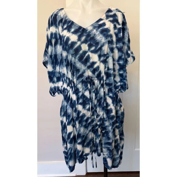 LANDS END Womens Swim COVER-UP Short Sleeve BLUE White Drawstring Size L 14-16