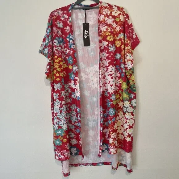 Lily by Firmiana Kimono Wrap Floral Satin L Multicolor Flowers Beach Coverup NEW