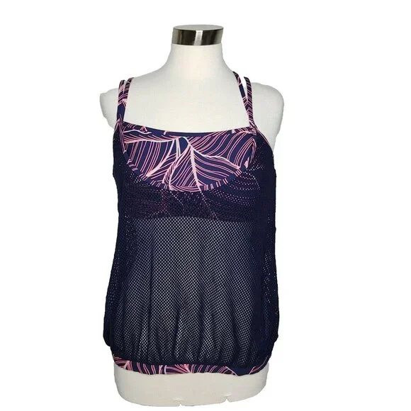 Anne Cole Locker Swim Tankini top Mesh Overlay with attatched crop top XL