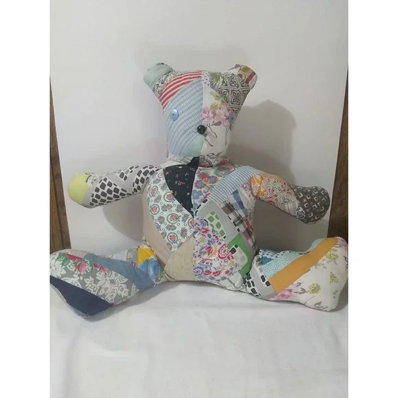 Stuffed Quilted Bear‎ Cottagecore Patchwork Plush Handsewn Button Eyes Nose 15