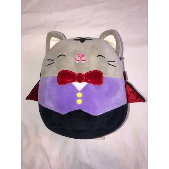 Vampire Cat Sqishmallow Dracula Kitty Plush Purple Vest Red Bow Tie Stuffed