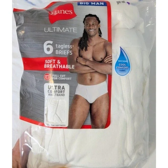 Hanes Big M Briefs Underwear (1) 6 pk Tagless White Cotton Comfort Waist 2XB