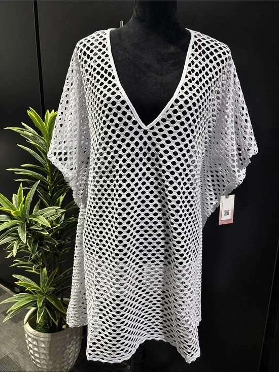 Kiwi & Punch Crocheted v-neck,butterfly short sleeve,side slit hem,oversized