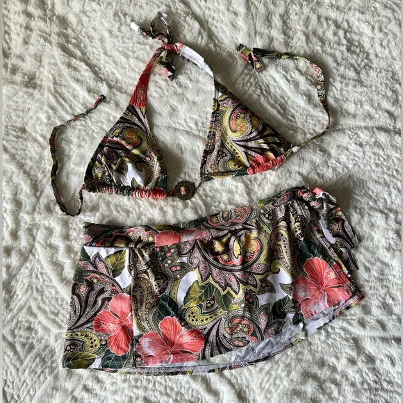 Kenneth Cole Pink & Green Paisley Floral Halter Bikini with Skirt
