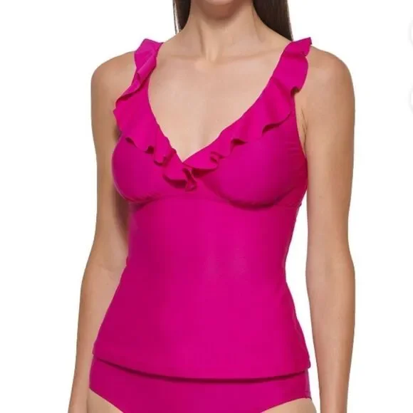 Ladies DKNY‎ Hot Pink Ruffle Neckline Tankini Top Size Large