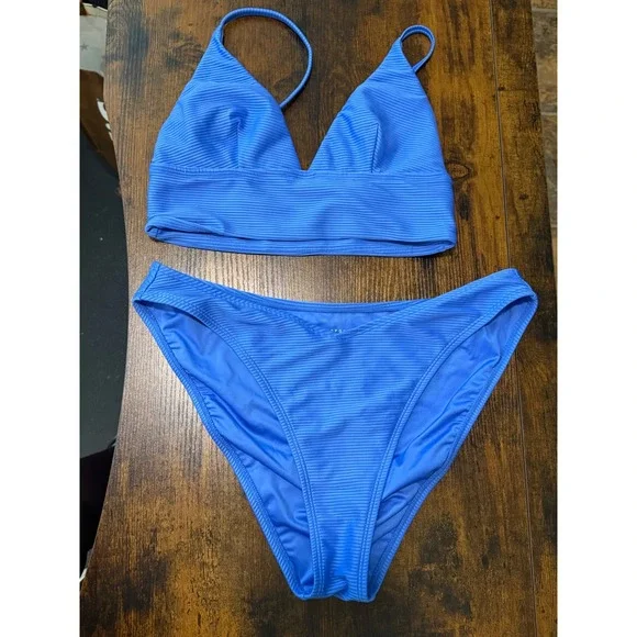 Aeropostale Bikini Set Women M/L Blue Excellent Ribbed‎ Triangle High Leg Cheeky