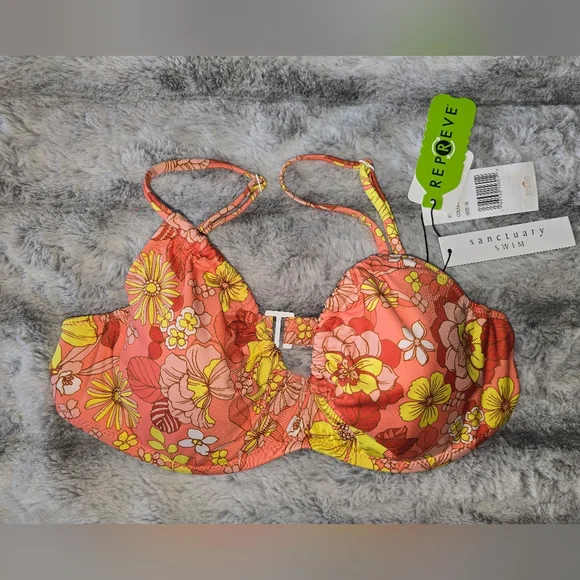 NWT Sanctuary Swim Mango Color Floral Bikini‎ Top Size MD