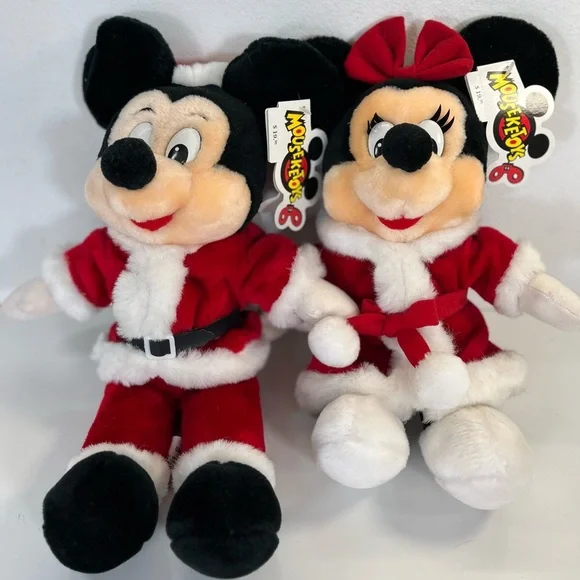 Vintage Mickey & Minnie Mouse Christmas Santa Plush Disneyland Walt Disney World