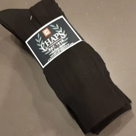 Chaps Mens 6 Pair Black Cotton Blend Dress Socks  NWT