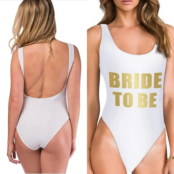 Bride To Be White One Piece Swimsuit Gold Graphic Bridal Bachelorette NWOT