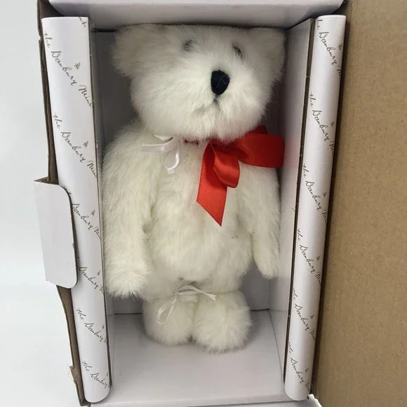 Danbury Mint Jointed Plush Bear.‎ IN BOX. White with Red Bow. Approx. 8