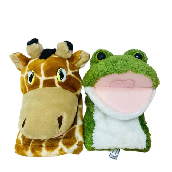 AURORA  Green Frog & Brown Giraffe Plush Hand Puppets - Soft Animal Puppet Duo
