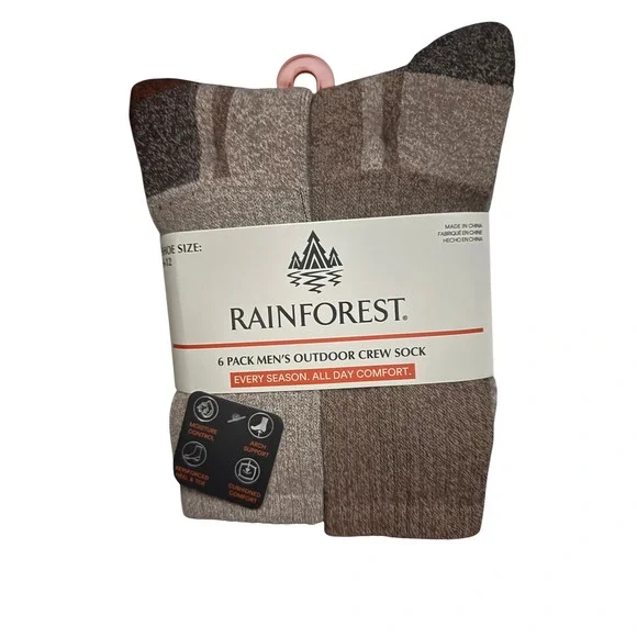 Rainforest 6 Pack Mens Outdoor Crew Socks Tan Brown Marled Arch Support 6-12 NEW