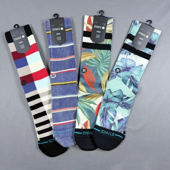 Stance Mens L Multi Cotton Blend Crew Socks Tropical Floral Striped 4 Pack New