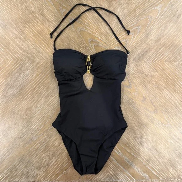 BECCA Rock Solid Gold Buckle Bandeau One Piece Swimsuit Black Medium NWOT