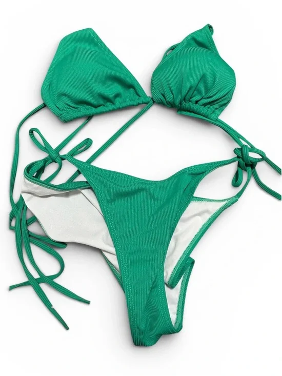 Green Tie-Side Triangle Bikini Set - Women's Swimwear