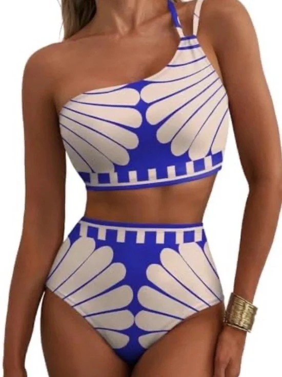 Women's Scallops High Waisted Bikini Sets One Shoulder 2 piece Tummy Control XL
