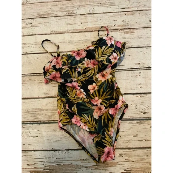 Kona Sol Womens Tropical‎ Floral Ruffle One Piece Swimsuit Black Pink Size L