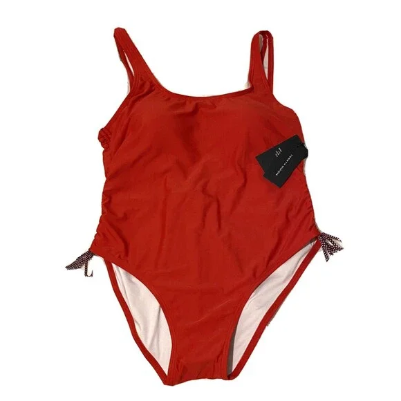 Tommy Hilfiger One Piece High Cut Cheeky Tank 16 NWT Red Ruched UPF Preppy Swim‎