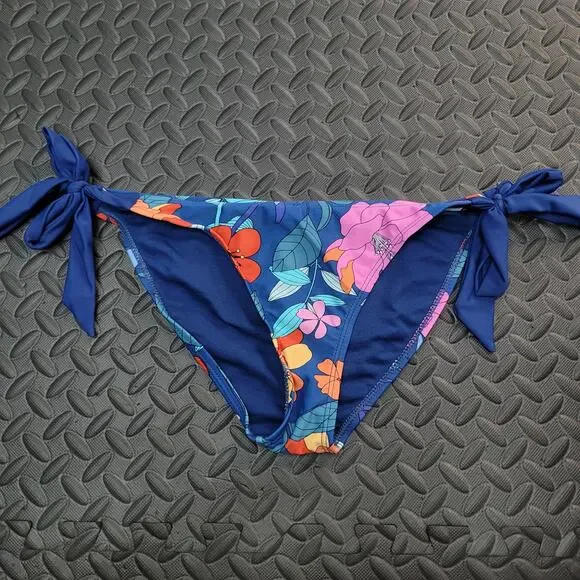 Heat Bikini Bottom Medium Blue Floral Tie Side String Swim Vacation Ready Beach