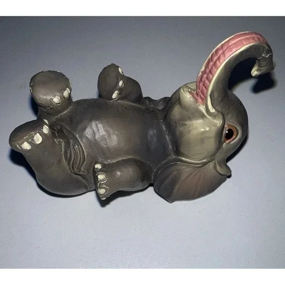 Hand Carved Mini Lucky Elephant Figurine Trunk Raised 3 Inch Gray 2007 Signed‎
