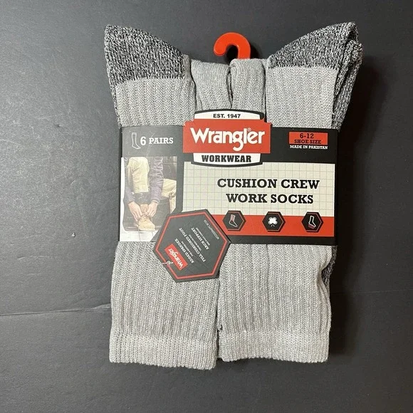 Wrangler Mens Cushion Crew Size 6-12 Grey Work Sock 6 Pair Steel Toe New