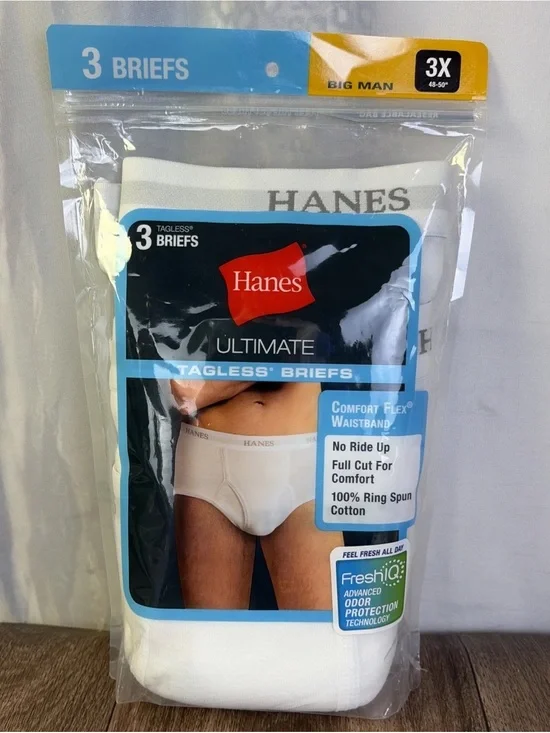 3 Pack White Hanes Men's Size 3X Big Man Ultimate Tagless Briefs Comfort Flex