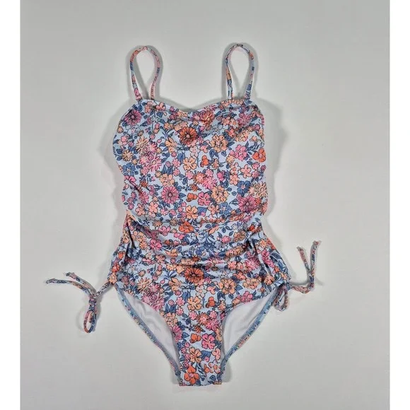 Floral Ribbed One Piece Swimsuit Sweetheart Neckline Side Tie Size Small‎ NWOT