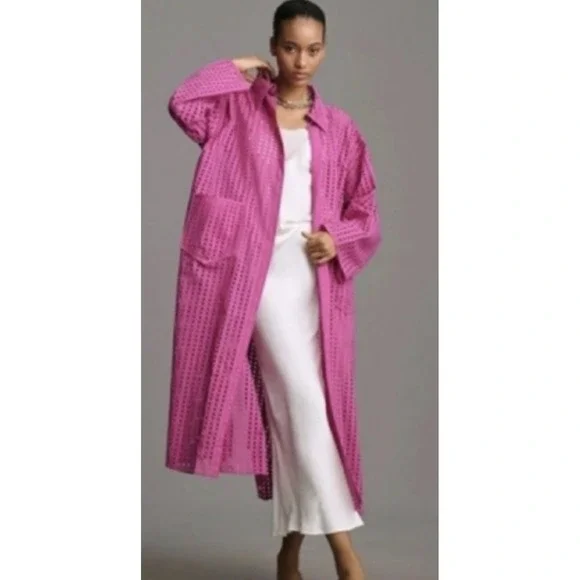 ANTHROPOLOGIE Collared Eyelet Duster One Size‎ Barbie Pink Vacation Beach